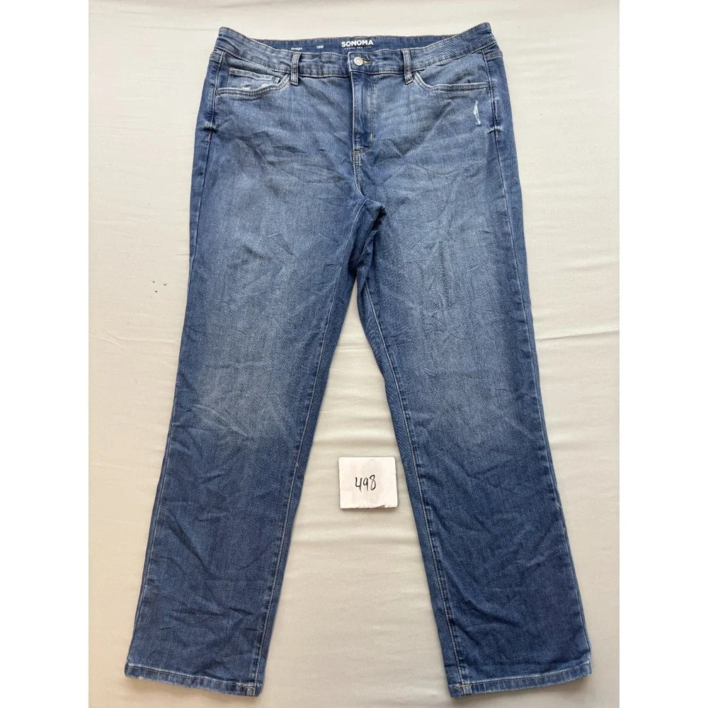Sonoma Goods For Life Womens 16W Straight Leg Jeans Medium Wash Distressed Blue